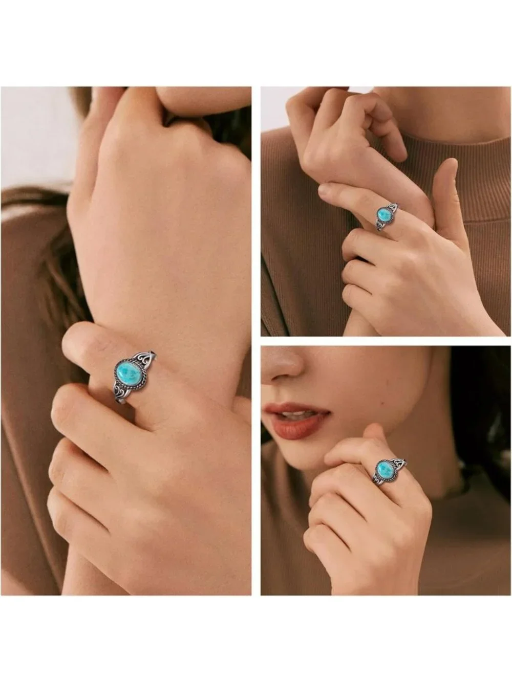 Adjustable 925 Sterling Silver Vintage Rings for Women - Teal Turquoise & Opal